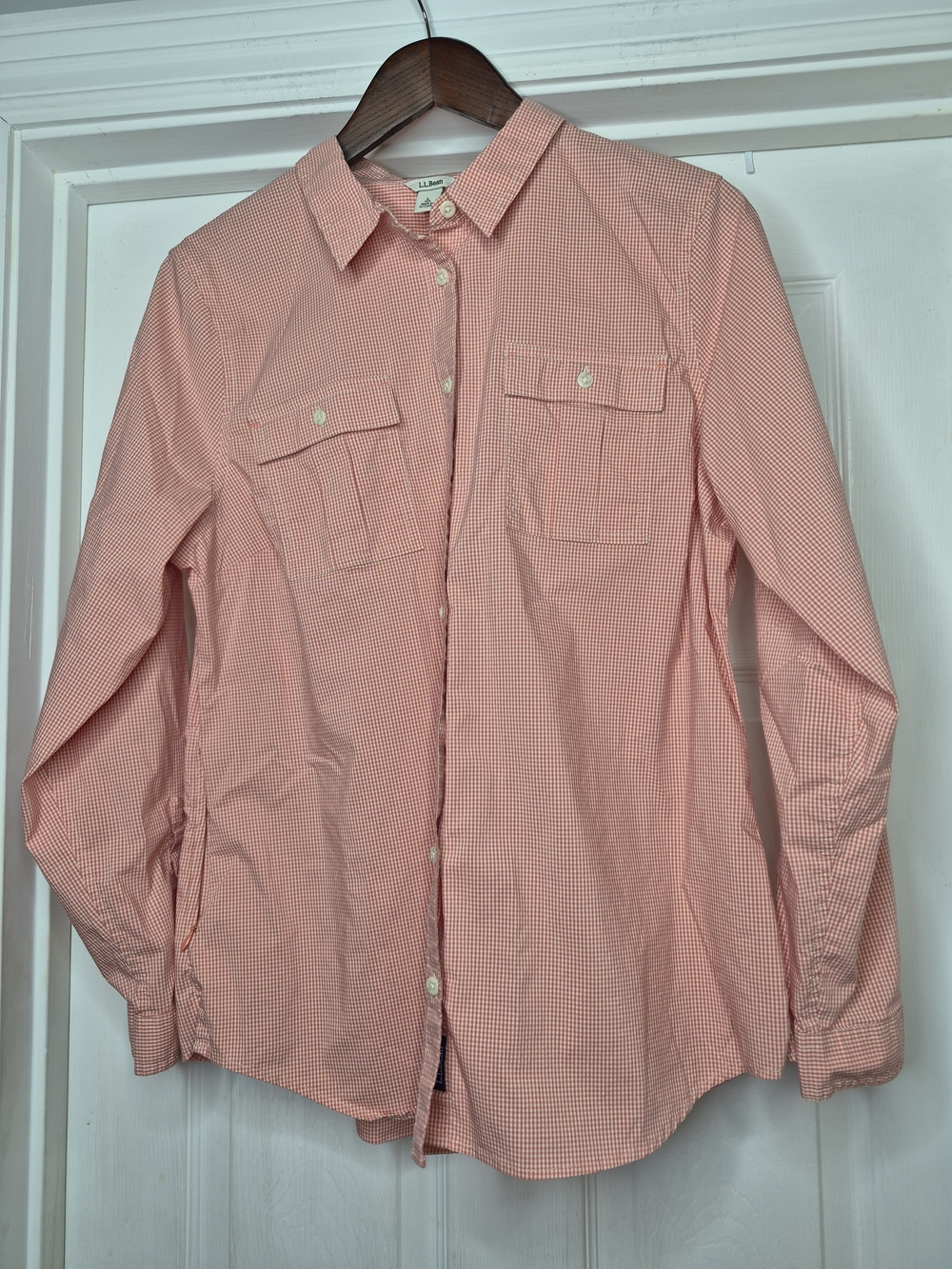 L.L. Bean Orange Gingham Button-Up Shirt Large Women